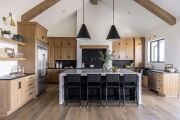 Modern kitchen with wooden cabinetry.